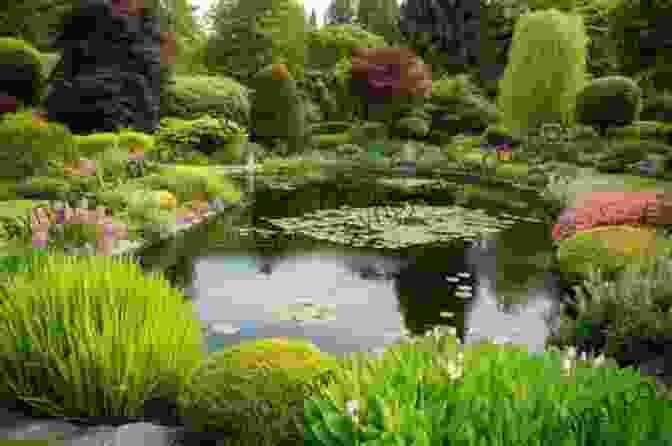 A Sprawling Garden With Lush Greenery, Blooming Flowers, And A Serene Pond A Garden In The Hills